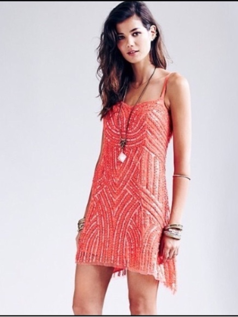 Free People Coral Sequined Mini Dress Womens 0